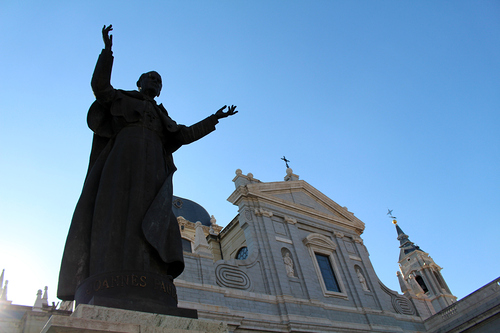 Bronze statue of Pope John Paul II near Catedral de la Almudena in Madrid, Spain, July 2024.